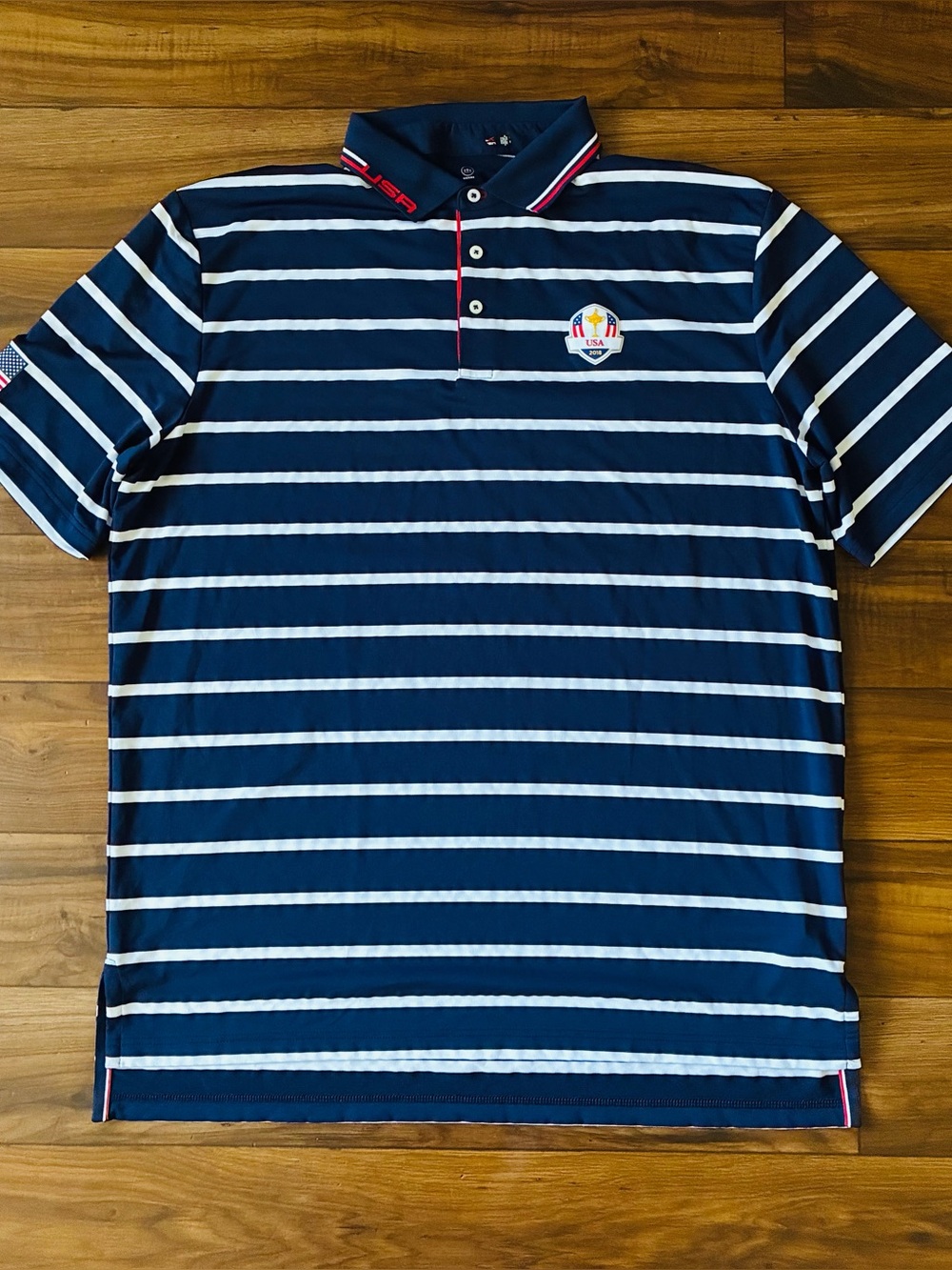 Ralph Lauren RLX Polo Shirt Mens Size XL Navy White Striped 2018 Ryder Cup USA